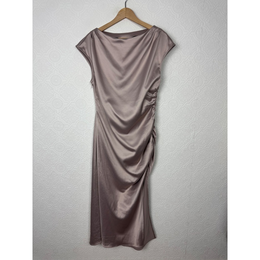 Anthropologie BHLDN Francesca High Neck Satin Midi Dress Mauve Taupe Size Large